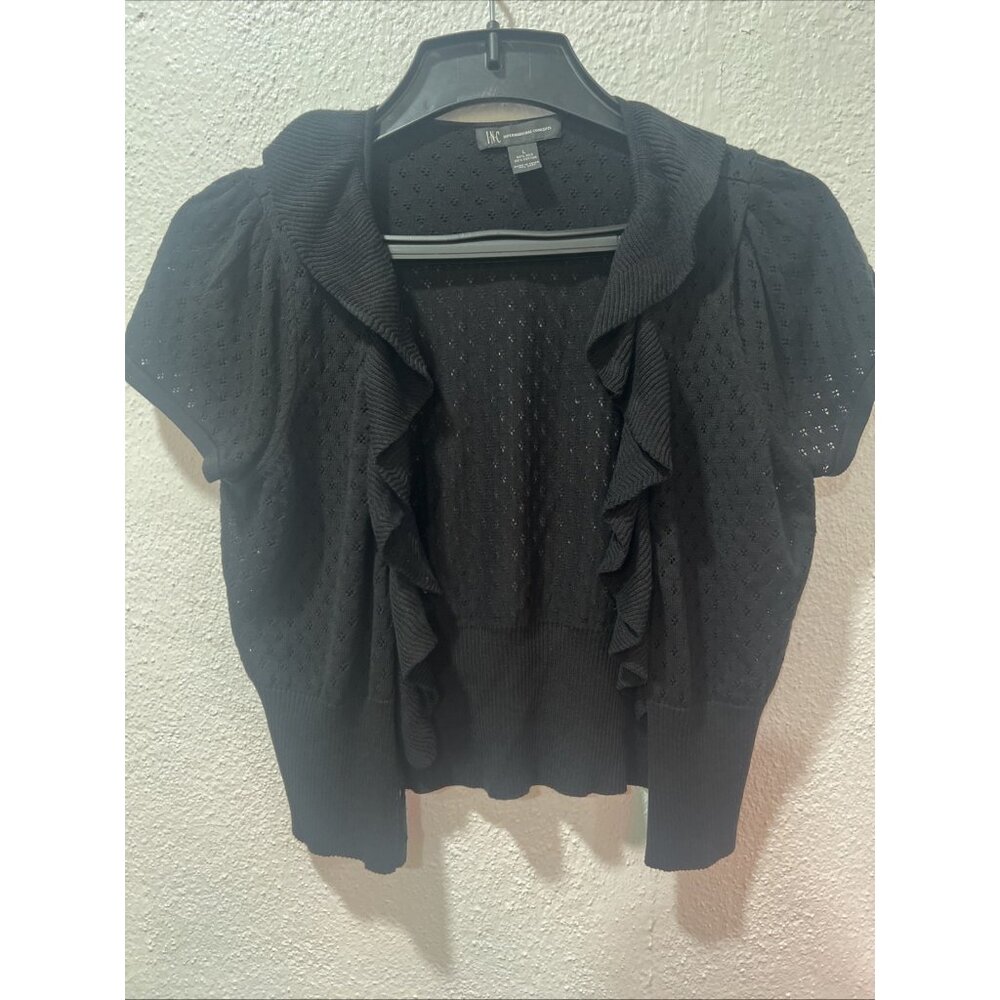 INC International Concepts Black Short Sleeve Ruffle Front‎ Cardigan Size L Silk